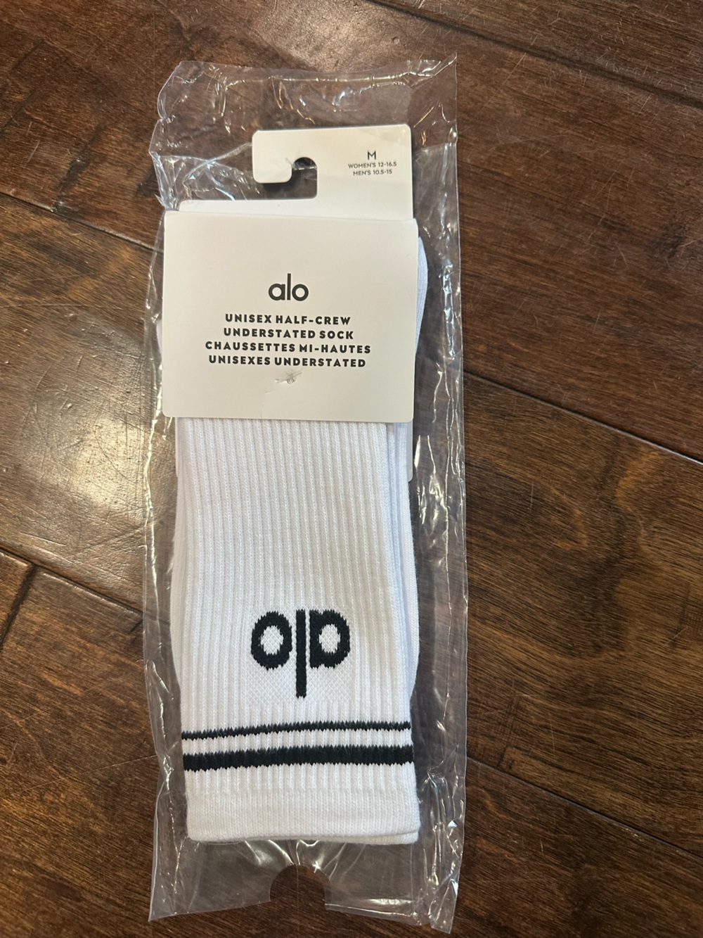 ALO Yoga White Crew Athletic Socks with Black Logo & Stripes